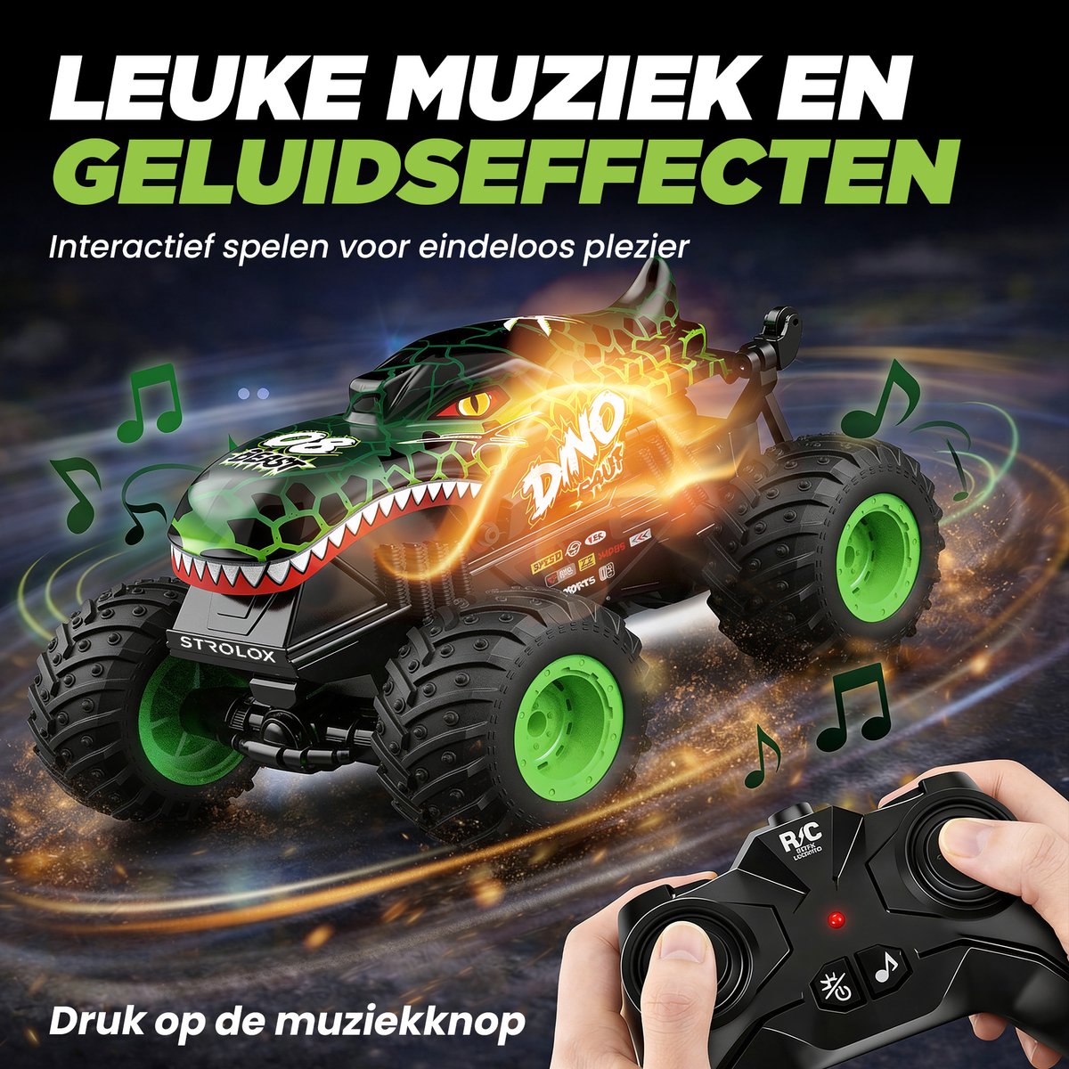 Strolox® Dinosaurus bestuurbare auto – RC stuntauto voor Jongens – afstandsbestuurbare Monster Truck met LED & Geluid – Offroad 4WD – Voor Binnen & Buiten — afbeelding 3