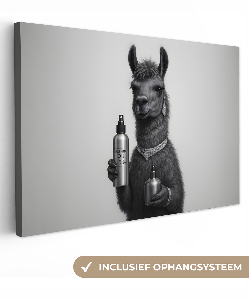 Canvas schilderij 180x120 cm - Exclusieve wanddecoratie Lama - Flessen - Zwart - Wit - Muurdecoratie woonkamer - Slaapkamer decoratie - Kamer accessoires - Schilderijen op canvas