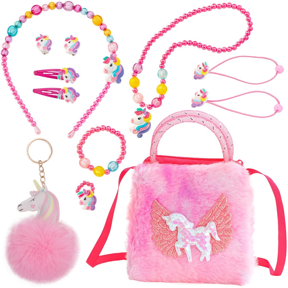 aladdien - Eenhoorn crossbody tas - Sieraden set - 12 stuks - Roze - Eenhoorn geschenken - Perfect voor meisjes - Creatief en leuk