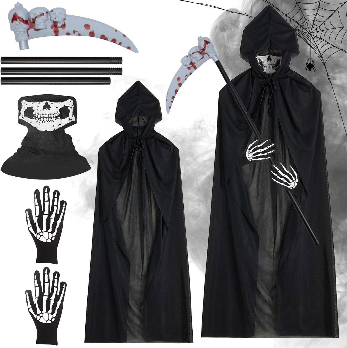 Griezelig Sensenman Kostuum voor Kinderen met Masker en Vampier Cape, Perfect voor Halloween Feesten en Verkleedpartijen