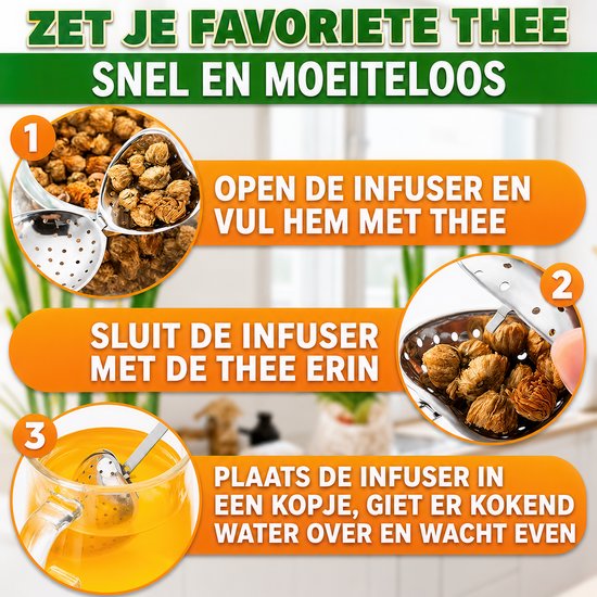 Instructies voor het gebruik van een hartvormig theefilter: openen, vullen met thee, sluiten en in een kop thee plaatsen.