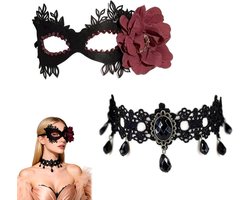 Set van Venetiaanse Maskers voor Vrouwen in Zwart en Rood – Kunstlederen Masker met Rode Bloemen en Vintage Goth Necklace – Verstelbaar voor Halloween, Maskerade en Carnaval