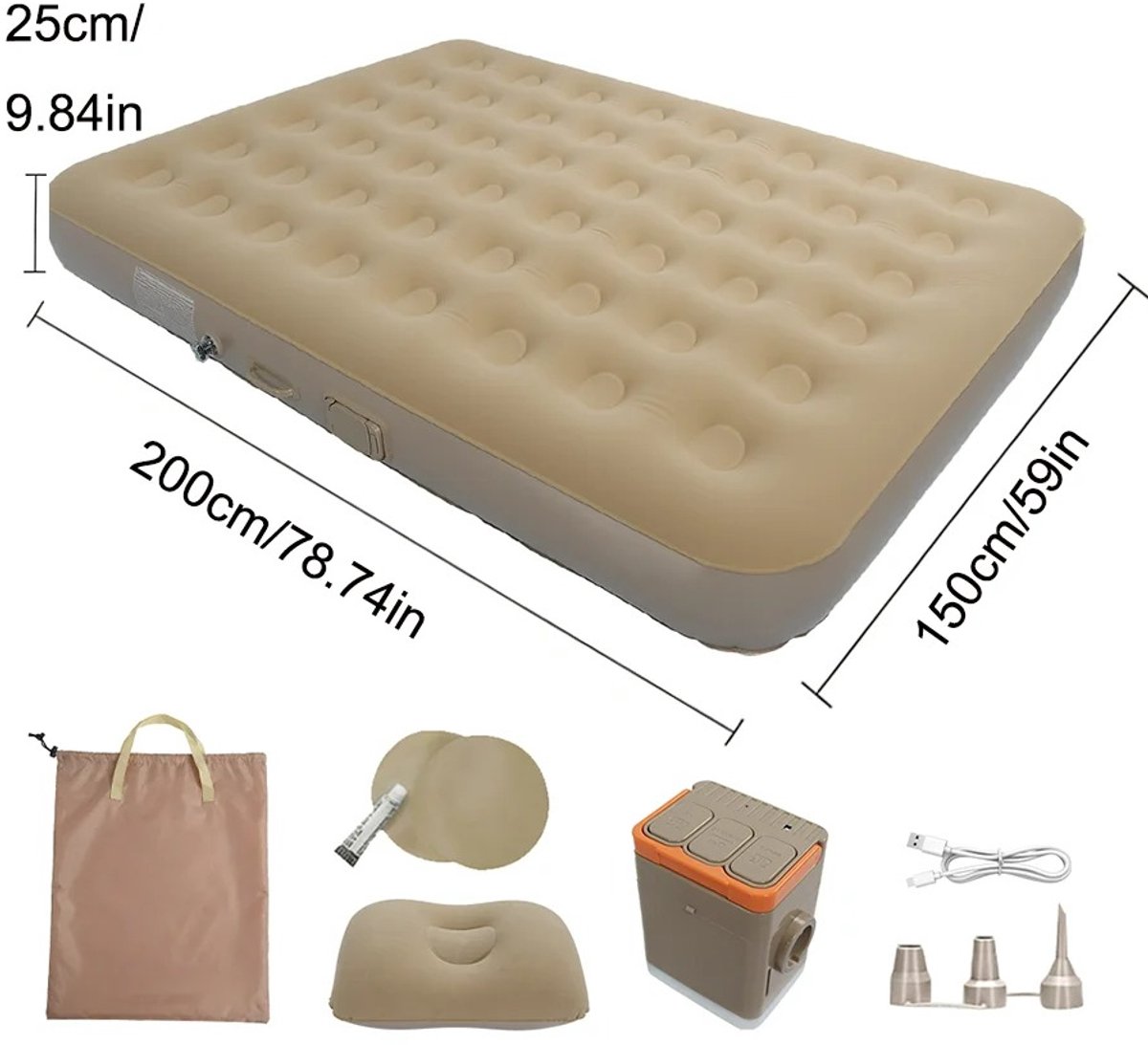 Innovastore Luchtbed - Campingbed - Opblaasbed - LED-verlichting - Ingebouwde Elektrische Pomp - 2 persoons - 200-150-25cm - Beige