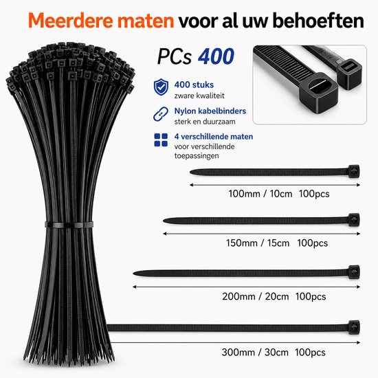 Bundel van 400 zwarte kabelbinders in 4 maten: 10cm, 15cm, 20cm en 30cm.