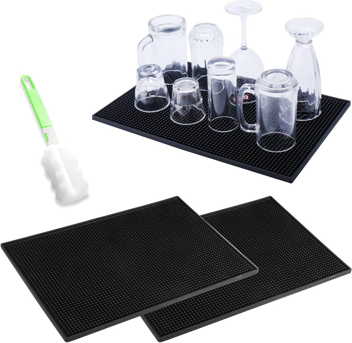 Bar Service Mat Set van 2 Stuks, Silicone Druppelmat voor Bar en Keuken, Inclusief Schoonmaakborstel, 30x15cm, Zwart