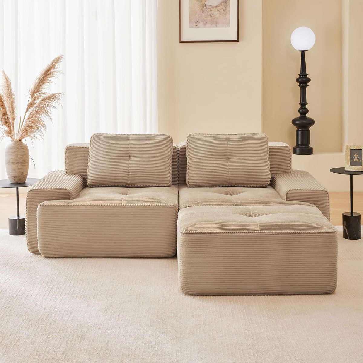 Luxe CloudComfort Modulaire Hoekbank 2-Zits met Hocker – 204 x 177 x 69 cm, Diepe Zitting 74 cm, Corduroy, Montagevrij, L-Vormige Design Sofa voor Woonkamer, Slaapkamer, Kantoor of Appartement – Beige |