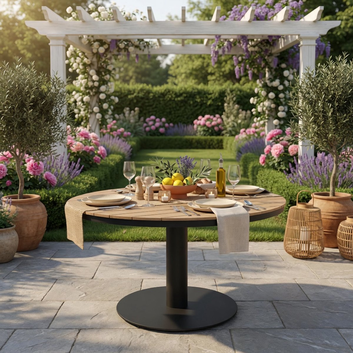 Ronde Tuintafel 150 cm Polywood Houtlook Antraciet - Weerbestendige Eettafel Buiten met Al