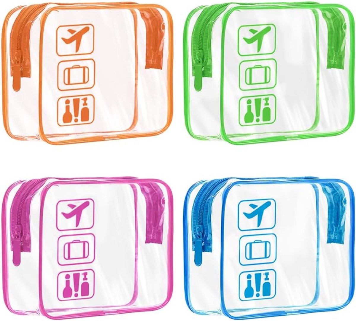 Set van 4 Transparante Toilettassen: TSA Goedgekeurde Cosmetica Tas, 1 Liter PVC Liquid Bag voor Handbagage, Reisaccessoires voor Dames en Heren in 4 Kleuren