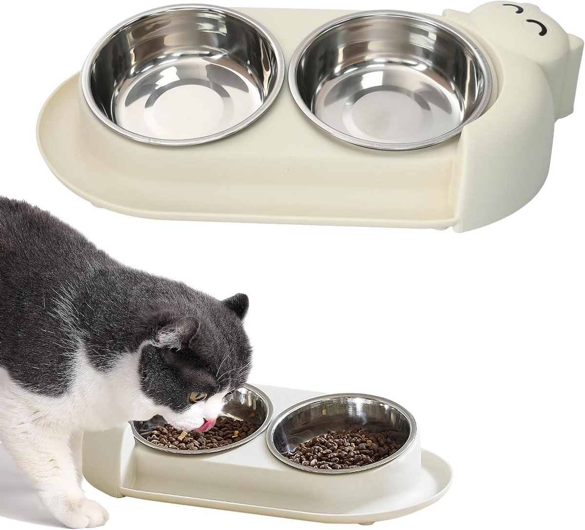 Verstelbare Voederhalsbescherming voor Katten en Puppies, Lekvrij, RVS Dubbele Kom, Wit