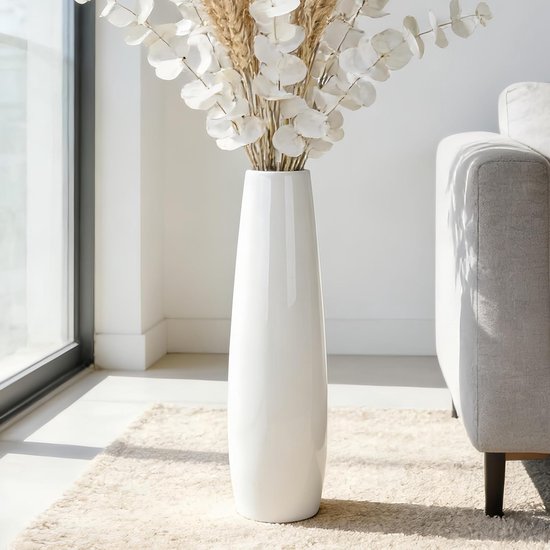 Hoge Witte Keramische Vaas van 60 cm voor Bloemen - Decoratieve Vloervaas voor Woonkamer, Tafelversiering en Droogbloemen Arrangementen