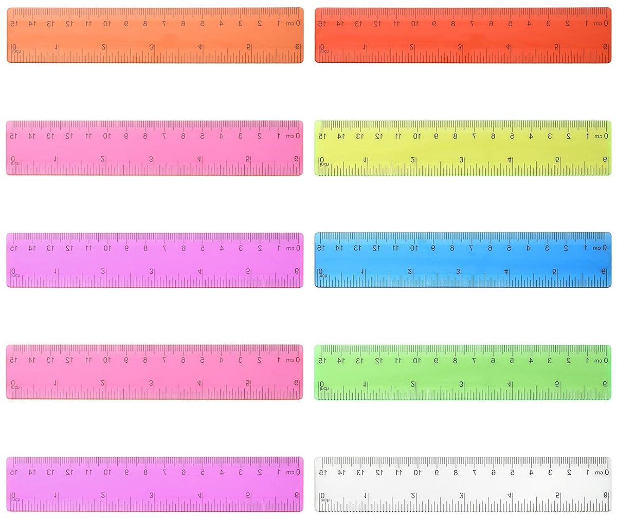 Gekleurde linialen 15 cm, set van 10 stuks, ideale kleine linialen voor basisschool, kunststof, transparant, roze, paars, groen, blauw, oranje, rood