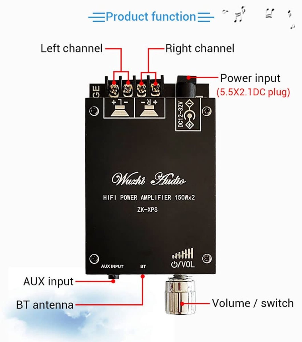 Allecto - ZK-XPS 150W - Audio eindversterker - HiFi geluidskwaliteit - Compact formaat - Bluetooth 5.0 - Home theater versterker - Geschikt voor thumbnail 3