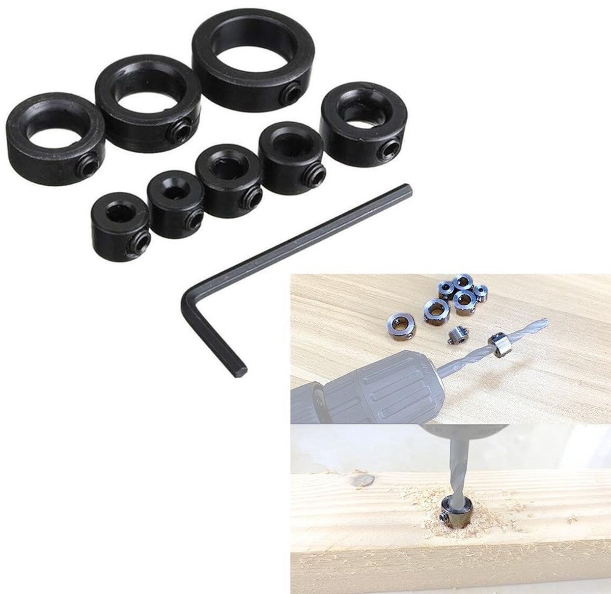 aladdien - Boorstopkit - Dieptebeperking voor Boormachines - Inclusief Hexa Sleutel - 8 Maten - Duurzaam en Roestbestendig - Voor Professioneel Gebrui
