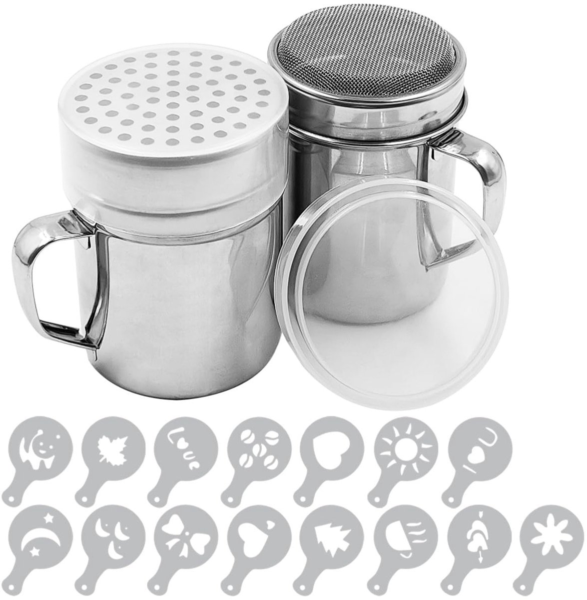 Senhai Powdered sugar shaker with handle, 2 pieces stainless steel powder shaker for sugar, pepper, cinnamon powder, flour with pressure molds, stenci