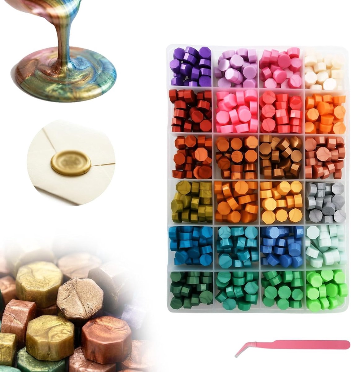 Set van 600 Waskralen met Transparante Deksel en Pincet - 24 Kleuren voor Verzegelen van Uitnodigingen, Enveloppen en Cadeauverpakking, Perfect voor DIY Projecten