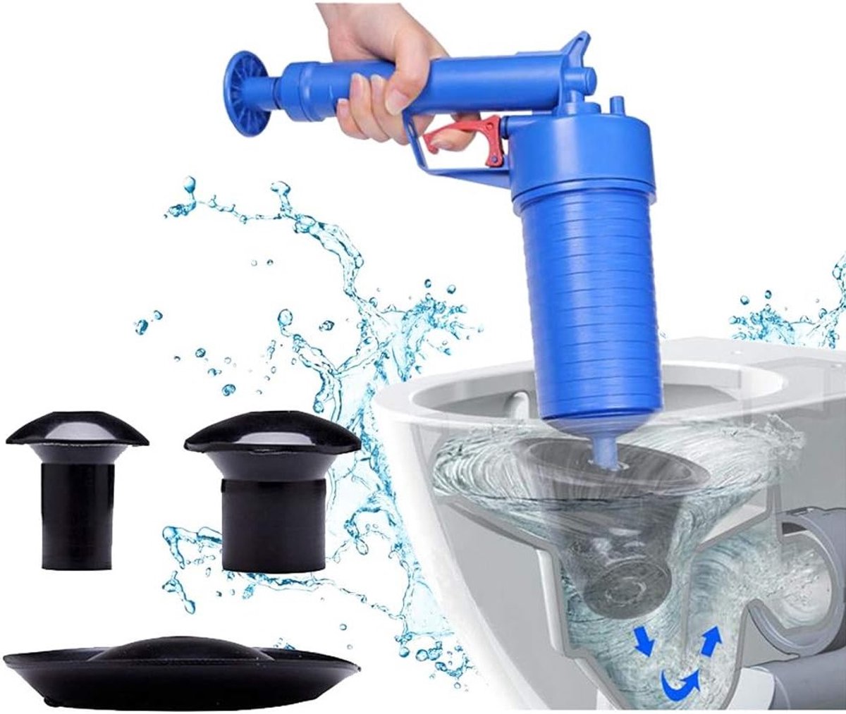 Toilet ontstopper met luchtcompressor, handige reinigingsgun voor afvoer, badkamer en keuken met 4 opzetstukken en ergonomisch handvat