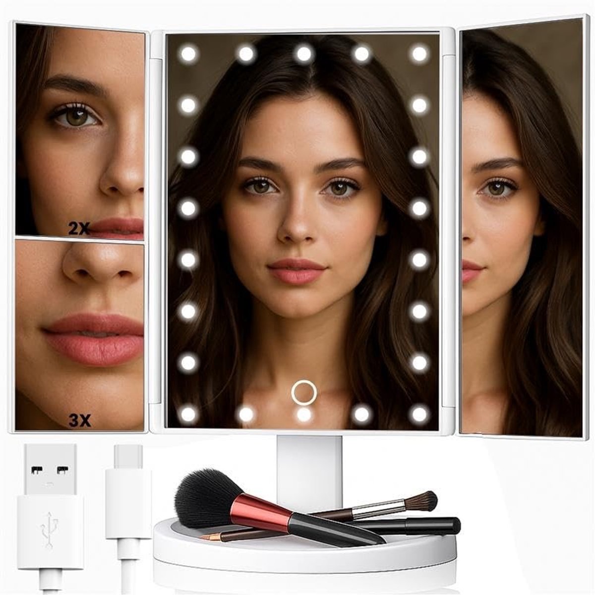 Retoo LED Make-up Spiegel met 2x/3x Vergroting en Aanraakverlichting - 180° Rotatable