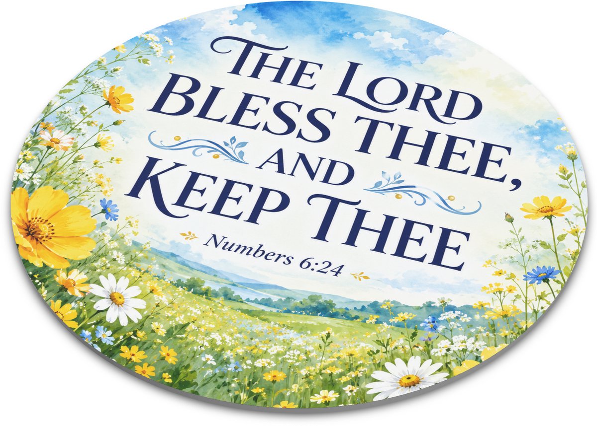 Ronde muismat christelijk met bloemenweide en blauwe lucht, aquarel bijbeltekst The Lord Bless Thee And Keep Thee, Numbers 6:24