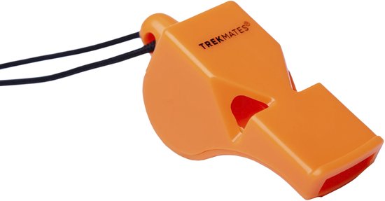 Oranje fluitje met 'TREKMATES' logo en zwarte draagkoord