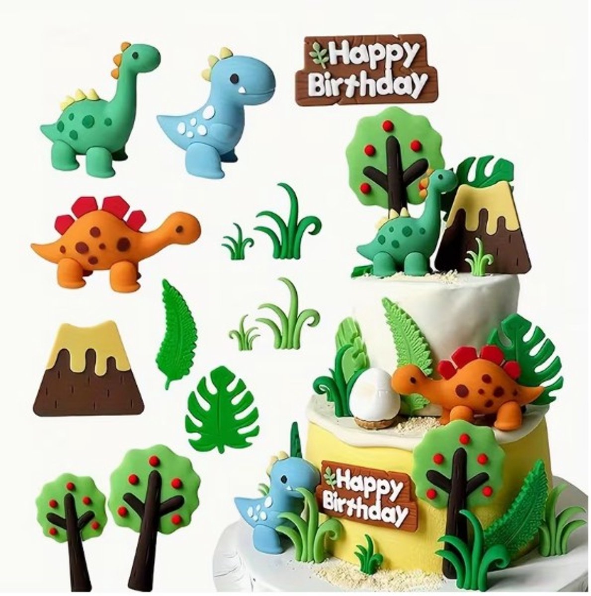 Dinosaurus Taartdecoratie Set 16 Stuks – Happy Birthday Cake Toppers – Dino Verjaardagsversiering voor Taart & Cupcakes