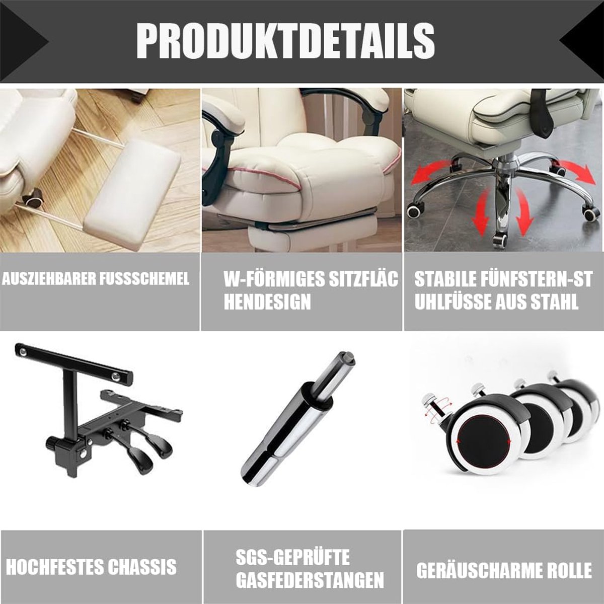 Luxe Bureaustoel met Hoge Rugleuning, Kantelfunctie (135°) & Uittrekbare Voetensteun (49x49x120 cm) – Grote Robust Draaistoel en Computergamestoel met Lendensteun – Wit PU-Leder