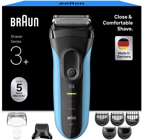 Braun Series 3+ Elektrisch Scheerapparaat – Baardtrimmer-opzetstuk – Nat & Droog – 3010BT – Blauw