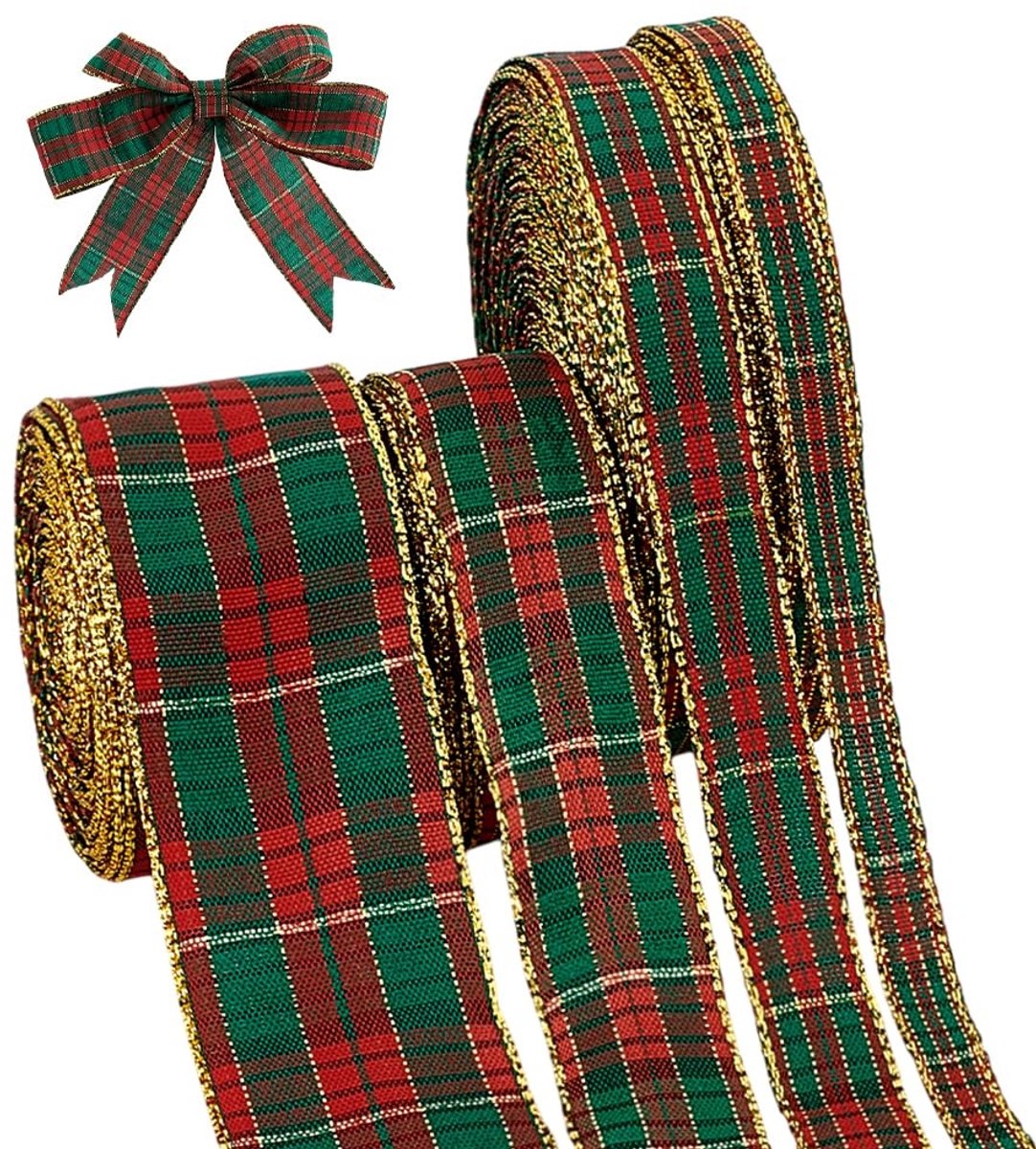 Dailygoods- Kerstlint 63 m - Rood/Groen met Gouden Randen - Decoratie Lint - Geschenkverpakking - Strik Maken - 4 Maten (10,5/15,5/25/39 mm) - Decoratielint