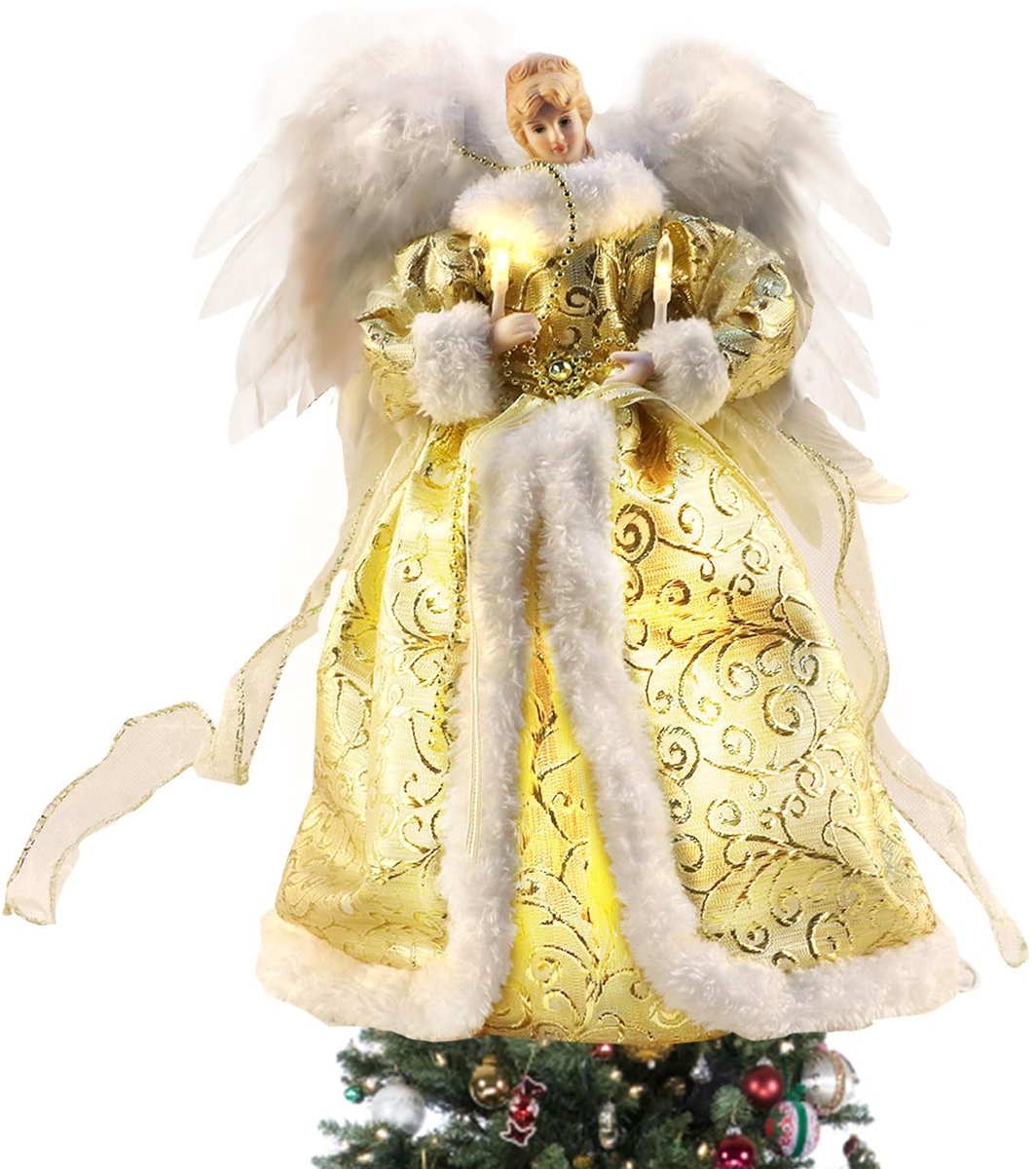 Dailygoods- Kerstboom Topper Engel - 32 cm - Indoor Kerstdecoratie - Warmgele LED-lampjes - Elegante Afwerking - Met Veren Vleugels