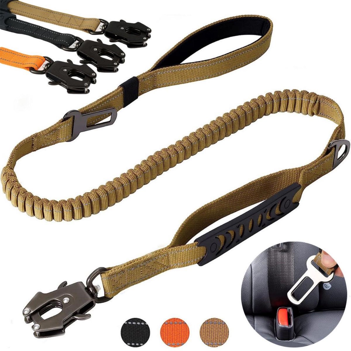 MAGICSHE Tactische Honden Riem Anti Trek - 1,15-1,65 M Schokabsorberende Nylon Hondenlijn - Reflecterende, Elastische Korte Hondenriem Voor Middelgrote En Grote Honden Khaki