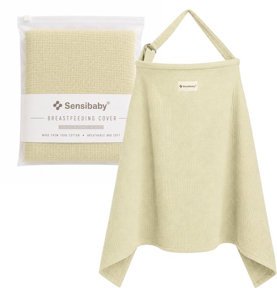 Een lichtgele Sensibaby voedingsdoek naast de verpakking.