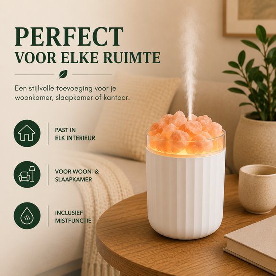 Boncy zoutsteen lamp produceert fijne mist met warm, oranje licht, perfect voor elke ruimte.