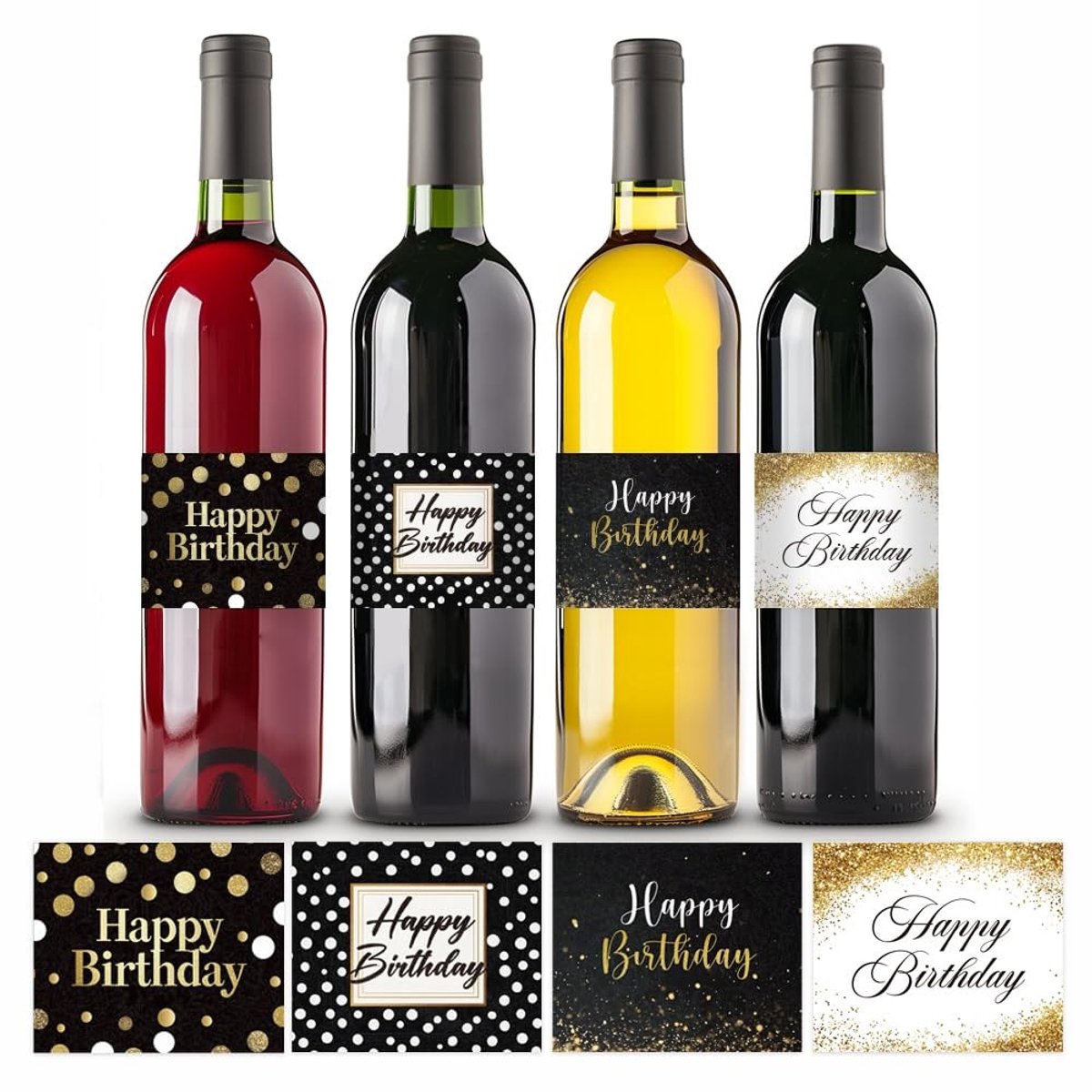Dailygoods- Wijnflesetiketten 40 Stuks - Zelfklevende Etiketten - Happy Birthday Stickers - Wijnlabels voor Verjaardag - Cocktailparty - Papier, Zwart/Goud