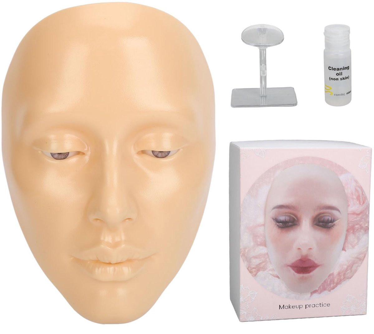 Dailygoods- Oefengezichtsbord 5D - Herbruikbare Siliconen Mannequin - Realistische Textuur - Standaard voor Stabiliteit - 20 Ml Make-up Verwijderaarolie