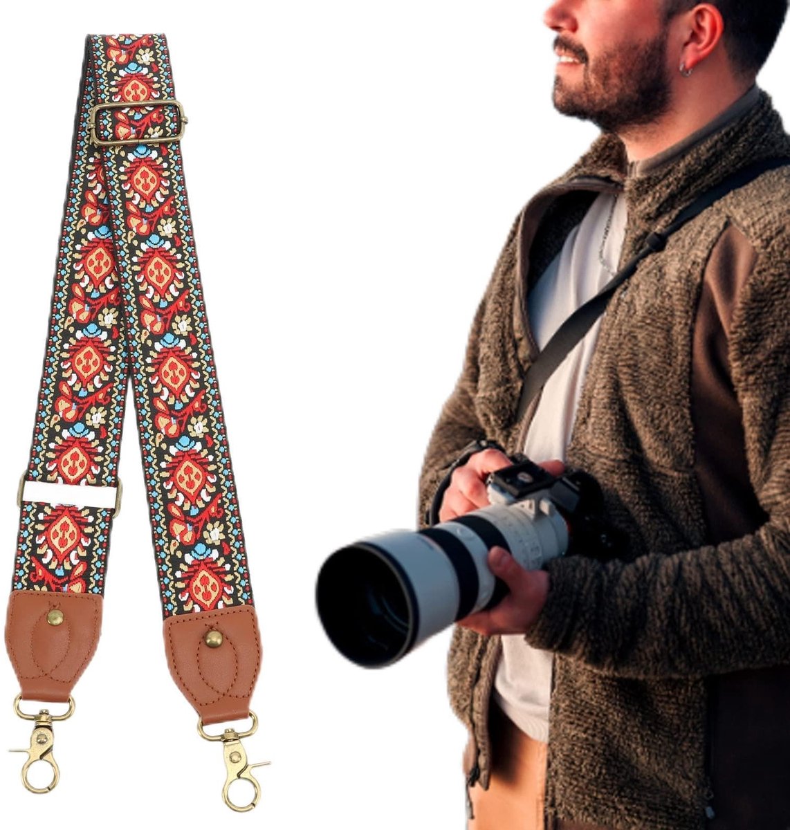Dailygoods- Camerariem Vintage - Geweven Polyester - Brede Schouderriem - Comfortabel - Outdoor Fotografie - Verlicht Druk op Schouders - Camera Strap