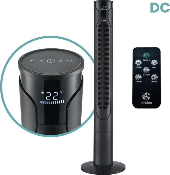 AirKing Torenventilator 117cm extra stille DC motor 12 standen met afstandsbediening - Ventilator Dimbaar LED scherm Zwart AKTN117BK-DC