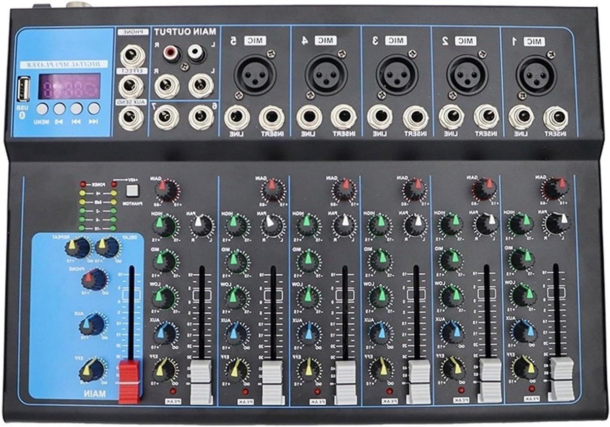 Audiomixer - Geluidsmixer USB - Muziekproductie thuis - 7 kanalen met display - 37 kg - Zwart