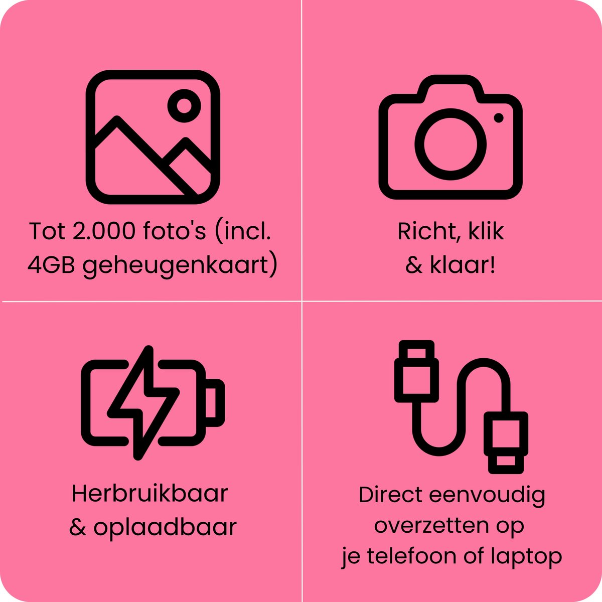 Campsnap Digitale Camera - Schermvrije Retro Fotocamera - 8 Megapixel - 2000 foto's - Minimalistisch Vintage Design - Met Flits - Oplaadbaar - 4GB - Roze thumbnail 3