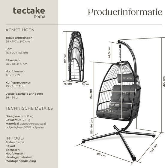 tectake® Luxe Hangstoel - Opvouwbare en draaibare Egg Chair met Standaard - Dikke Kussens - Antislipvoeten - Inclusief Beschermhoes - Ideaal voor Tuin, Terras en Slaapkamer - Donkergrijs
