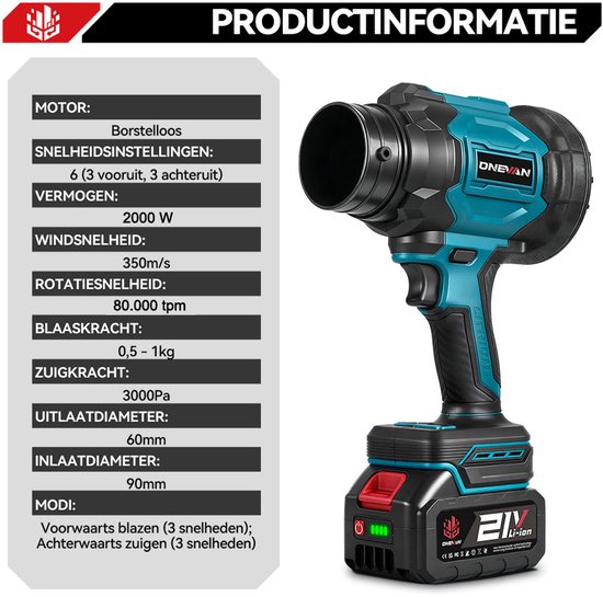 Blauwe en zwarte draadloze bladblazer/stofzuiger met informatiepaneel. Borstelloze motor, 2000W, 350m/s.
