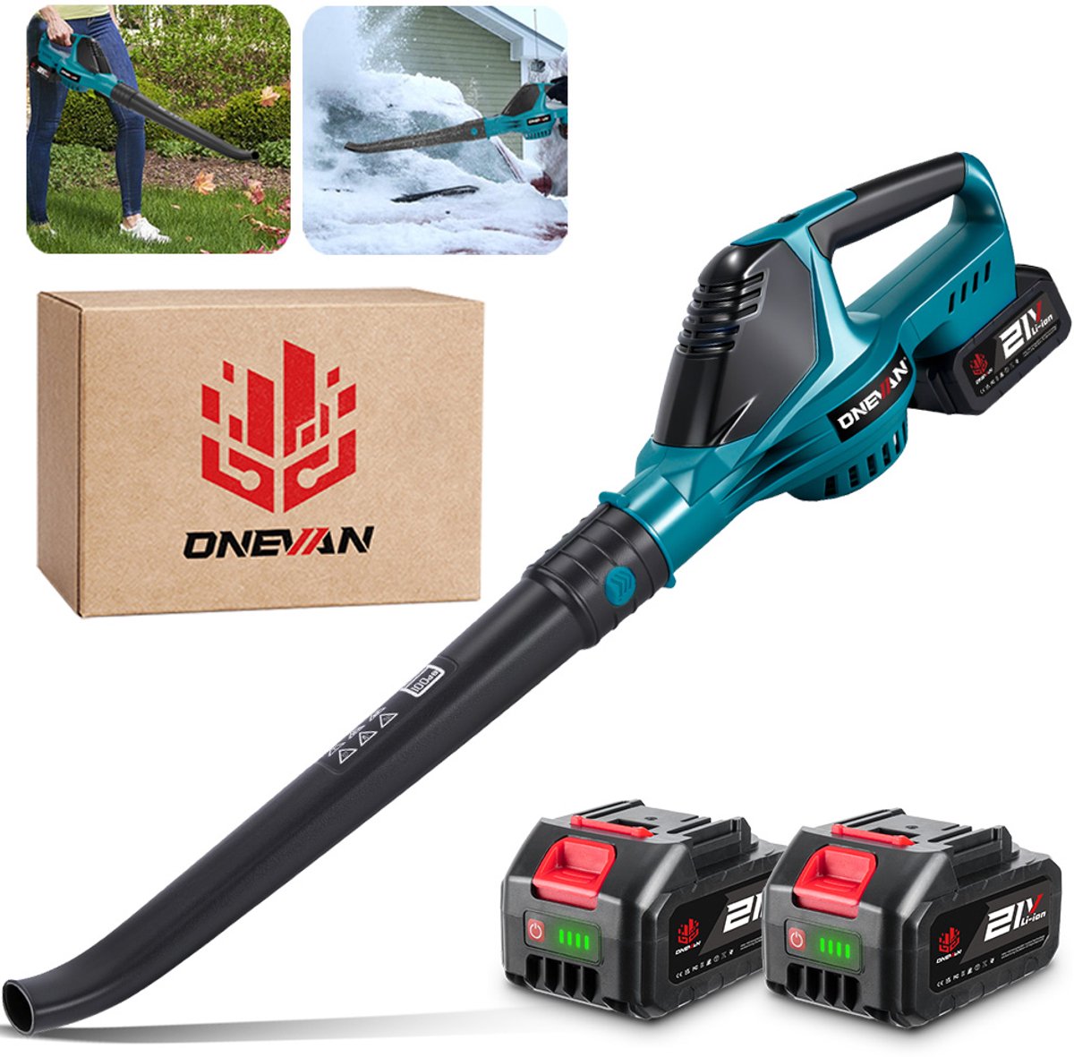 ONEVAN Accu Bladblazer 21V - 220 km/u - Elektrische bladblazer - Borstelloze - met 5 versnellingen en 2 x 3.0Ah accu's - voor tuin, bladeren, stof en sneeuw