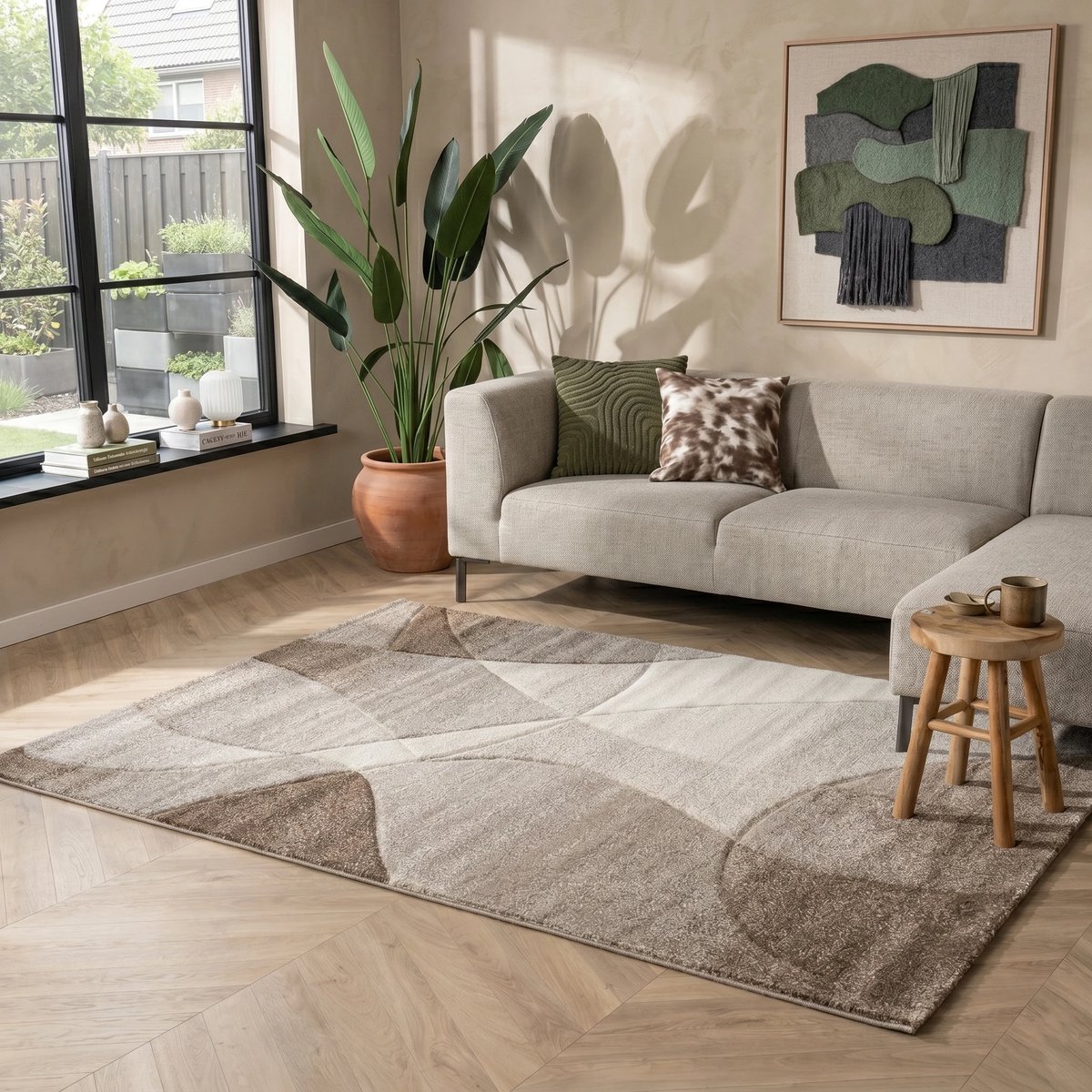 flycarpets Vernazza Abstract Vloerkleed - Beige / Grijs - 120x170 cm - Laagpolig Tapijt