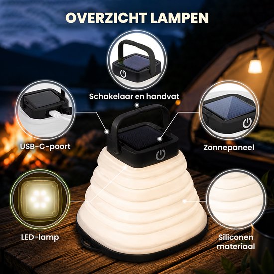 Tech Essentials Solar LED Lantaarn - Opvouwbaar - Zwart - Tentlamp - Led Lamp Oplaadbaar - Kamperen - Nood - Storm - Hanglamp - Zonne Energie van Merkloos — afbeelding 5