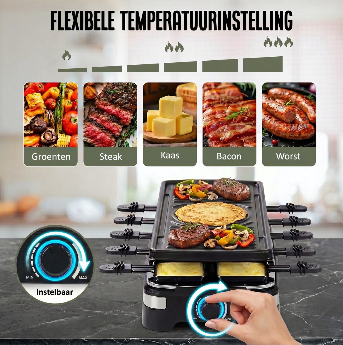 Coock Gourmetstel en Fondue Set 2-in-1 - Raclette voor 8-10 Personen - Inclusief 8 Fonduevorkjes & 10 Pannetjes - 1500W - XL Bakplaat - RVS – foto 5