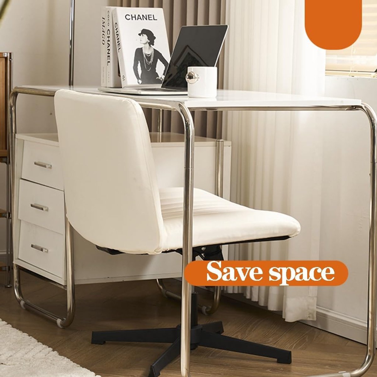 Ergonomische bureaustoel zonder armleuningen – Draaistoel met wielen, brede zitting voor kleermakerszit, mid-back rugleuning, zachte bekleding crème – Home office & make-up stoel – Mobili Bella