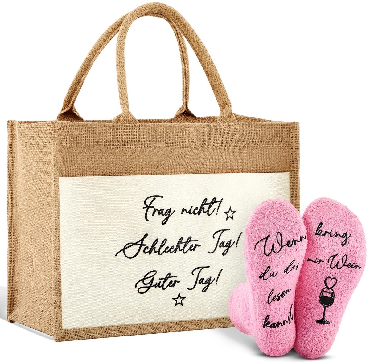 NTH products- Wijnsokken Grappige Cadeauset - Jute Tas 27 x 35 x 17 cm - Koraalfluweel - Geschenk voor Vrouwen - Unieke Stijl - Grappig voor Wijnliefhebbers - Wijncadeau