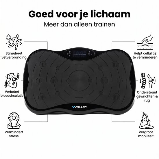 Zwarte Fithlon trilplaat met iconen die de voordelen van de plaat weergeven.