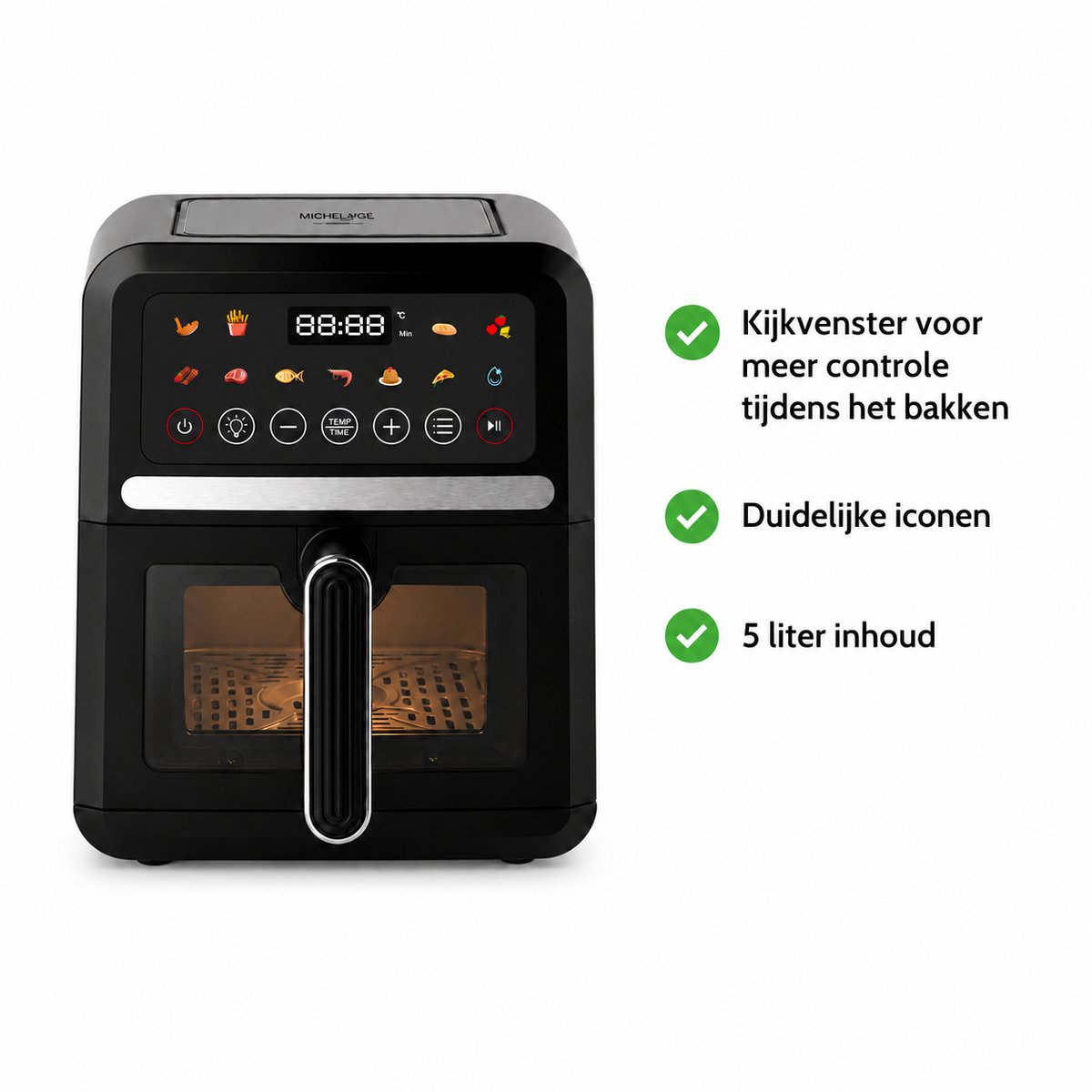 Michelino Heteluchtfriteuse - 5L - 1500W - Sichtfenster - 60-200°C - Timer tot 720 min - Antiaanbaklaag - Zwart