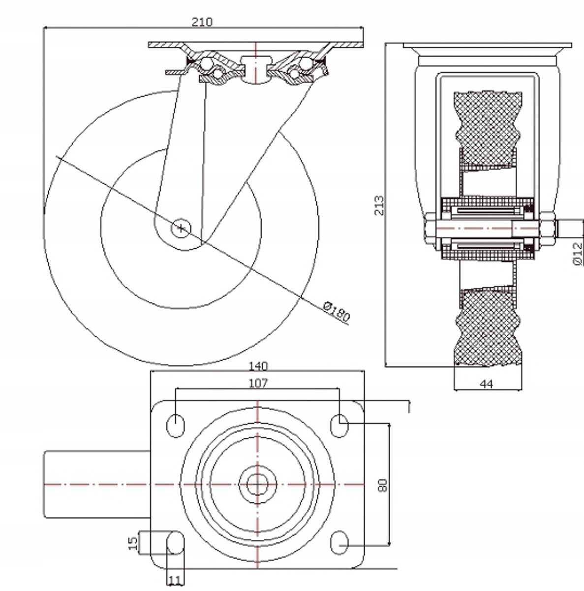 Zwenkbaar Wiel 180mm Kunststof/Rubber - 120kg Draagvermogen