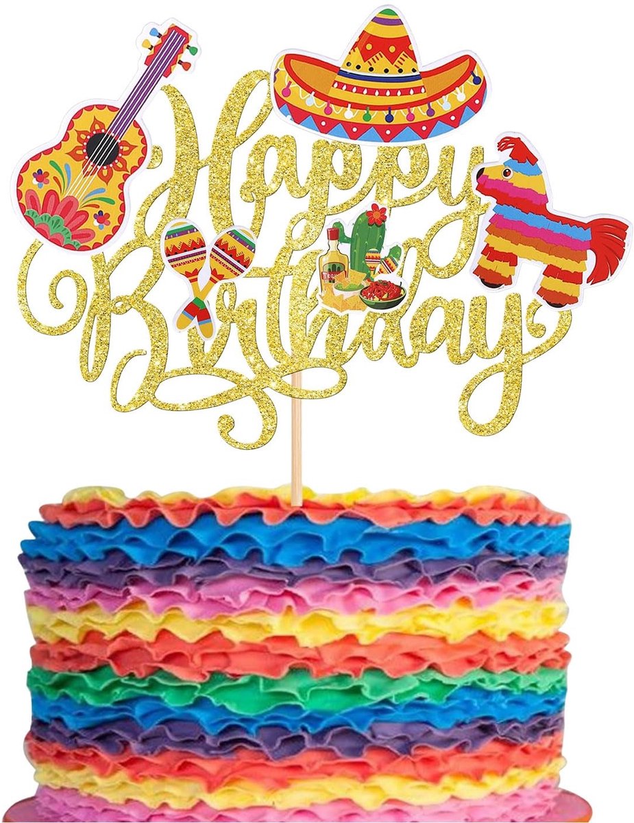JHUBERS- Taart Topper Happy Birthday - Taart Decoratie - Fiesta Thema - Hoogwaardig Karton - Voorgeassembleerd - 13,5 cm x 22 cm - Taartdecoratie