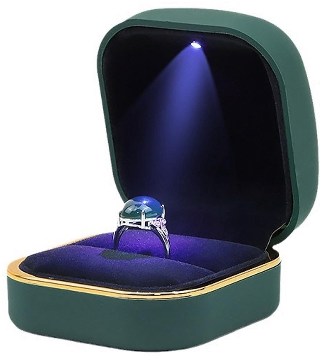 ZEYNOMAX - Sieradendoos - Luxe Velvet Ring Box met LED Licht - Ideaal voor Verloving en Trouwerij - Donkergroen - Elegant - Opslag voor Sieraden - P...